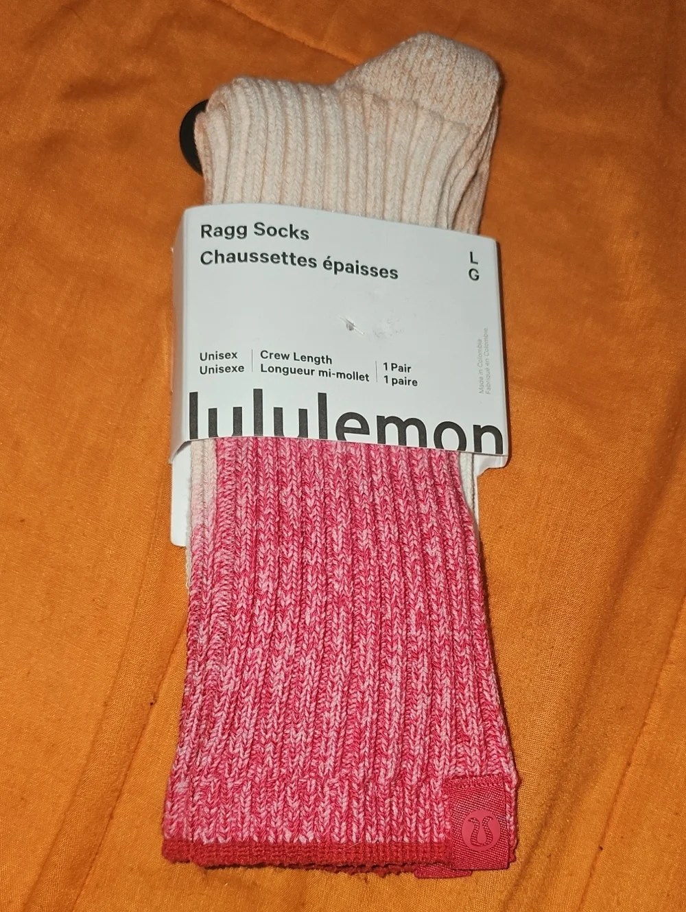 Lululemon Ragg Socks, Nwts! Womens Sz Large, Crew Length! CCLD/MSRK/PIAR